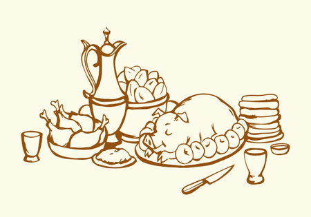 Happy fresh tasty royal home xmas day cook wine beer hot potato pie fat bbq ham snack slice plate tavern cafe bar set. Outline black line hand drawn past medieval age tale story art doodle menu styleのイラスト素材