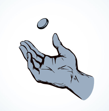 Close up view old age jewish male palm arm catch shot flip true bet head tail line icon white sky. Outlin black drawn crisis fate die win fun hope idea girl prayer pray ask bible god vector art sketchのイラスト素材