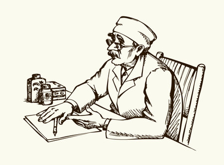 Hand draw cure heal flu sick ill pain tool staff note report white remedy job desk Old doc guy sit speak show recipe look drug form point explain chart text list aid cartoon line pen art sign vet ideaのイラスト素材
