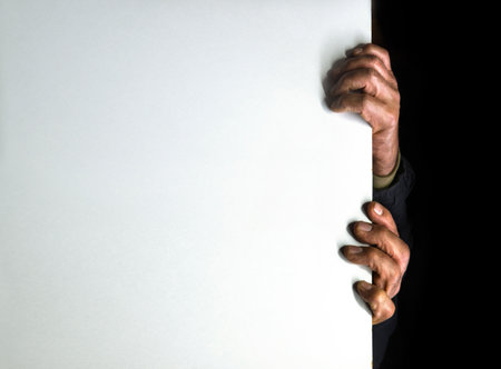 Close up old age scare spooky female finger felon home spy house hope dark black text space Closeup dirty guy peep peek victim try isolat lurk enter secret protect break law empty blank access conceptの写真素材