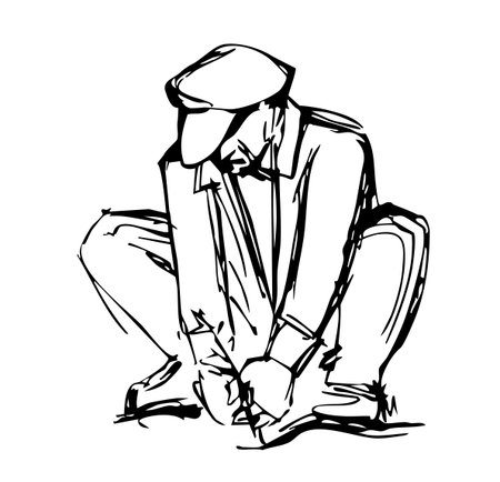 Black line drawn rustic human girl sow green root leaf icon sign concept antiq ancient retro outline cartoon art doodle style. Closeup view elder age guy sit look hold reap crop park hobby white skyのイラスト素材