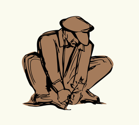 Black line drawn rustic human girl sow green root leaf icon sign concept antiq ancient retro outline cartoon art doodle style. Closeup view elder age guy sit look hold reap crop park hobby white skyのイラスト素材