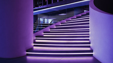 Close up rise climb access high clean upward way nobody idea concept. Closeup urban city town street view walk down even lit chic mall black floor tile wall exit granite park ladder level art decorの写真素材