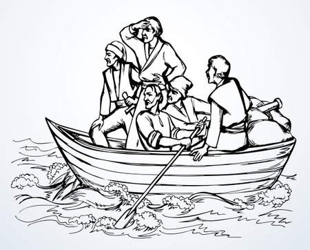 Past century age danger north sweden war cossack pirate cloth arm swim storm wind wave explor nordic armor attack drakkar warship galley sail white sky. Black line drawn navy sailboat deck hero biblic disciple apostle faith cartoon outline art sketchのイラスト素材