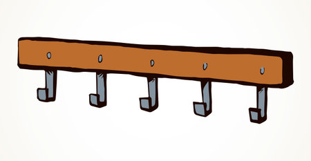 Old timber bath peg plank panel decor on white hall backdrop. Outline black ink hand drawn decoration object logo emblem in retro art doodle cartoon style on space for text. Closeup holder pictogramのイラスト素材