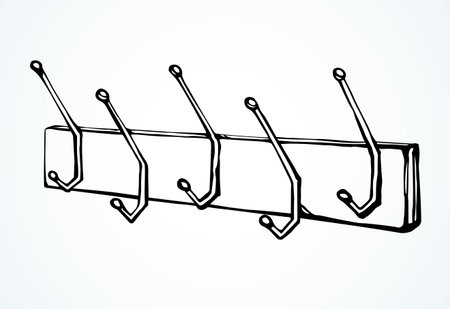 Old timber bath peg plank panel decor on white hall backdrop. Outline black ink hand drawn decoration object logo emblem in retro art doodle cartoon style on space for text. Closeup holder pictogramのイラスト素材