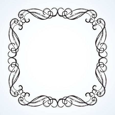 Old cute romantic book ribbon bow swirly tag swoosh element isolated on white paper card backdrop. Freehand black ink pen outline drawn curly corner sketchy in artistic rustic curlicue scrawl styleのイラスト素材