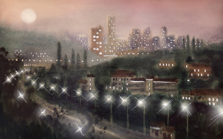 Hand drawn pink paint sketch artwork style foggy misty spring rain forest path way avenu cloud sun scene Calm dark black autumn haze fog mist fall plant old rural garden retro Asia high hotel tower modern office district exterior lit moon scenic viewの写真素材