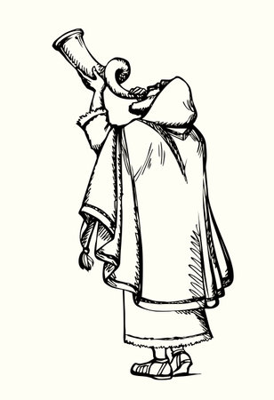 Holy past age eastern faith belief Leviticus prophet stand hashana call isolated white sky. Black ink pen hand drawn judaic ethnic jew human levite pharisee arm rosh hashanah yom kippur holiday rite pipe melody sound retro east believ arab festiv artのイラスト素材