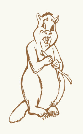 Brown old wet forest river small whistle pig ground hog look work dam paw hold tree gnaw chew eat stick food. line ink hand drawn young white face baby pup sit picture fun zoology logo sign art styleのイラスト素材
