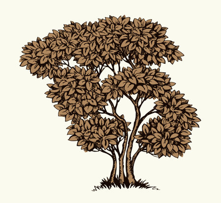 Closeup ink pen line hand drawn green yard grass thicket twig eco life scene logo design retro artist style. Scenic outdoor view fall bloom blossom flower bud sky pencil artwork white card text spaceのイラスト素材