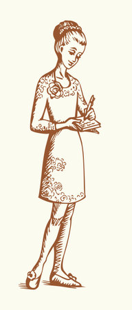 Outline black ink hand drawn cute young happy cheer joy pretty beauty grace vogue lady artist sad office text job logo line white art cartoon style. Small human body skirt dress cloth plan list iconのイラスト素材