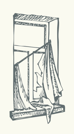 Closeup Indoor inside view retro age rustic rural hut hole messy dirt torn lost hang wood walltrash break pane white sky. Hand drawn war kick junk poor split icon sign line cartoon sketch artconceptのイラスト素材