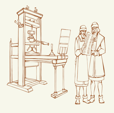 First male write 1 past age font offset paint roll device show white bible page journal text shop office house. Line black color ink hand drawn rotary media gear sketch retro engrav copy clip art styleのイラスト素材