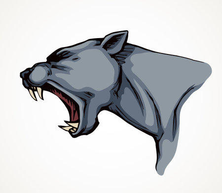 Strong big furious pride cruel crazy killer hunter fleer white text space. Line black ink hand drawn zoo beast smirk logo pictogram emblem design in retro engrave art doodle print style. Close up viewのイラスト素材