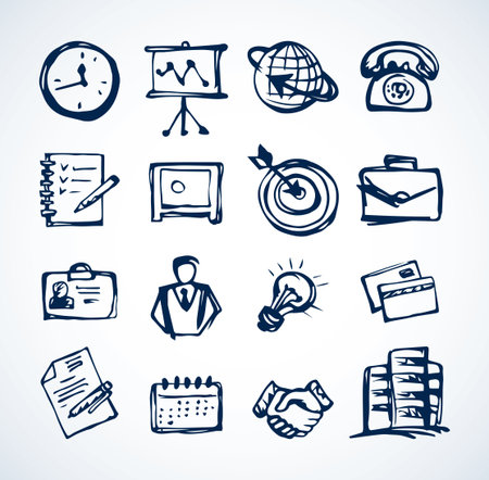 Web buy learn time job staff seminar avatar list emblem set. Line black ink hand drawn id safe aim date pay bank deal arrow logo in doodle art cartoon vector graph write style pen on white paper boardのイラスト素材