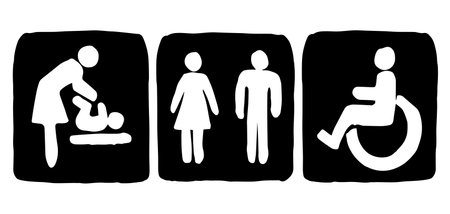 Cute medical airport loo website closet set on white enter door. Outline black hand drawn simple flat web ui gent baby parent family partner logo label button design. Modern art contour cartoon styleのイラスト素材