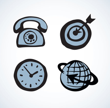 Old round web emblems isolated on white background. contact network, hit, talk, idea concept. Freehand outline black ink hand drawn picture logo sketch in art retro doodle cartoon style pen on paperのイラスト素材