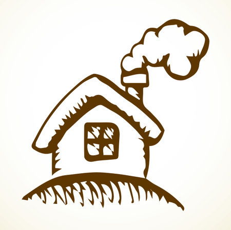 Closeup urban mansion set light paper label text space backdrop. Freehand outline black ink pen hand drawn build small family dwell object design. Retro art doodle style. Close up view logotype emblemのイラスト素材