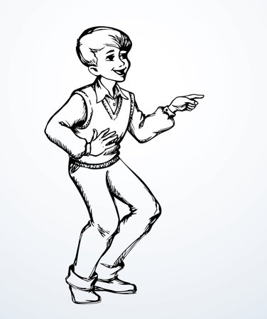 Cute silly quirky crazy nasty young teen pupil hater lad dude face look smile old retro sign icon comic outline art style. Dark black ink pen line hand drawn white small rude guy man eye feel happy joy cheer stand talk arm finger abuse idea conceptのイラスト素材