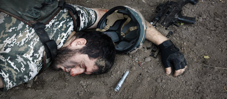 Nato lose guard troop guy pain mine face shot end protect life trauma remain fight fall dark field earth. 1 crime danger scary horror aid suffer medic shell shock hero corpse criminal trouble conceptの写真素材