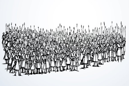 Retro past century age strong jewish Israel armor isolated white front russia field land assault human europe german viking legion row. Middle east china black line hand drawn jew armour God faith camp win Islam Muslim cartoon biblic story art sketchのイラスト素材