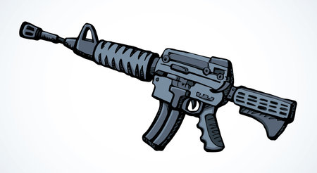 Close up side view modern us gangster metal model outline element. White text space. Line dark hand drawn old steel usmc object logo emblem design in retro grunge art doodle sketch cartoon print styleのイラスト素材