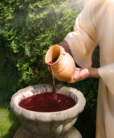 Retro holy female girl pray god story tasty Israel Galilee juice liquid clay vase stone utensil text space Rustic rural male human guy slave alcohol cup roman tradition dinner food party church symbolの写真素材