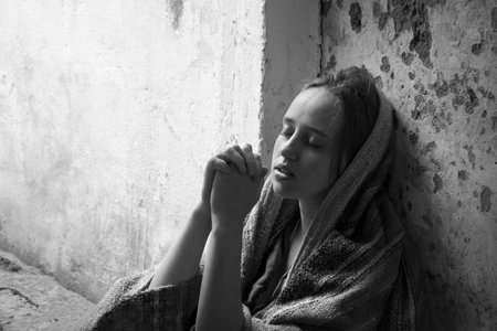 Misery tired lost grief fail need cry lone jew teen lady sit dirty urban street slum dream god food...