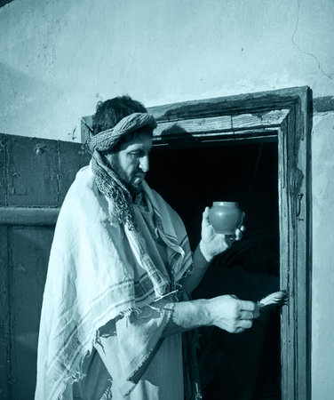 Holy old age jew pray Christ law human rabbi guy hold kill lamb put korban arabian slave go hut eat...