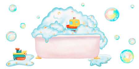 Horizontal composition of pink bath, soap foam, bathing toys (toy boats), soap bubbles and puddles - separate watercolor illustrations. Simple, cozy design. Cartoon styleの写真素材