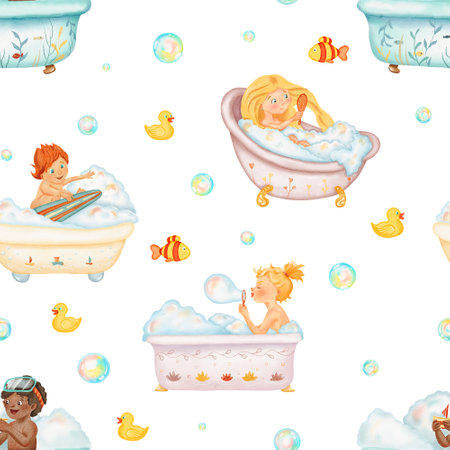 Seamless pattern of watercolor children in the bath different nationality, playing bath toys. A lot of soap foam in the bath. Watercolor isolated illustration. Cosy funny design.の写真素材