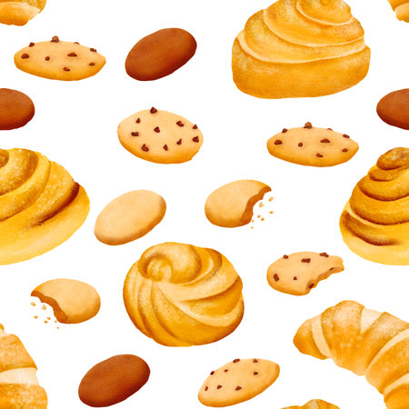 Seamless pattern of fresh delicious crispy sweet cookies and fresh fragrant buns. The pastry with pieces of chocolate and crumbs. yummy. Isolated hand drawn digital watercolor illustration: printの写真素材