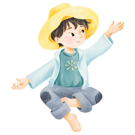 Cute kind asian brunette boy in jeans and a straw hat sits on a floor and pointing at something. Close up, copy space. Isolated watercolor illustration of a teenager. Character with a front view.の写真素材