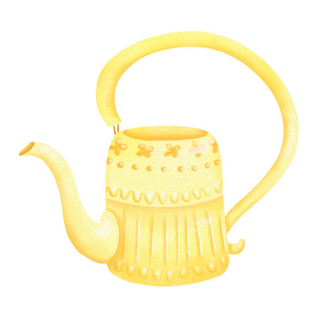 Watercolor yellow watering can for indoor flowers. Delicate ornament and elegant handle. Tool for home garden. Taking care of indoor flowers. Vessel for water. Hand-drawn garden tool for your design.の写真素材