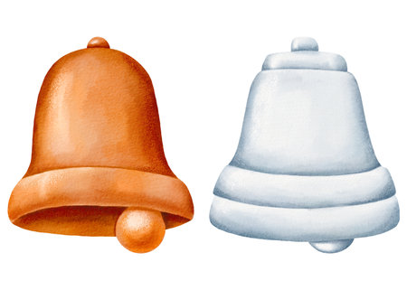 Set christmas tree toy bell hand made insolated watercolor illustration. winter season. decorative background for pine tree, greeting card. Vintage holiday ornament and decoration for 2024 new yearの写真素材