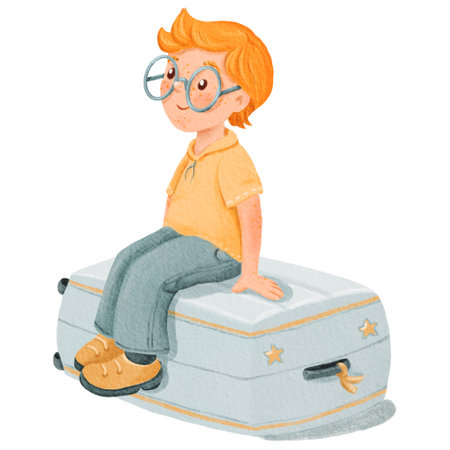 A calm, dreaming red-haired boy with glasses is sitting on the grey Suitcase decorated with stars. A teenager with a side view. For workbook, notepad, calendar, Watercolor isolated illustration.の写真素材