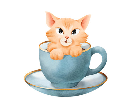fluffy kitten is sitting in a blue porcelain cup with a gold border. Poster a cat. Print on a T-shirt, textiles. Childrens watercolor illustration. For nursery decor, card making, party invitationsの写真素材