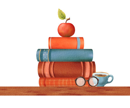 Composition back to school. A pile of colorful books on the table. An apple, glasses, a mug of hot tea. Knowledge, study, textbooks. Comfort, reading, education. Watercolor. For posters, notebooksの写真素材