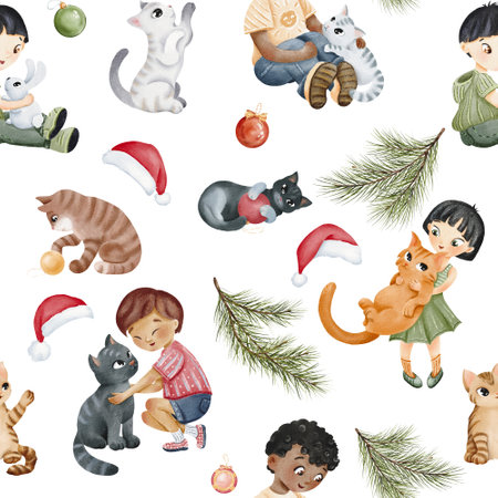seamless pattern. Pine branch. boy is sitting with his pet. Asian Girl holds her red cat in arms. Friendship. funny kitties playing with Christmas balls.Cute characters New Year. for textile, wrappingの写真素材