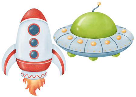 Set of Cartoon rocket with fiery thruster. Alien spacecraft. UFOs with multiple lights. Intergalactic ship, space explorer. Watercolor isolated illustration. for cards, prints, presentationsの写真素材