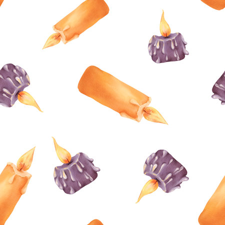 Watercolor seamless pattern featuring vibrant candles. Religious and Christmas-themed, with Halloween colors of orange and purple. Warm flames and dripping wax. for packaging, textiles, and booksの写真素材