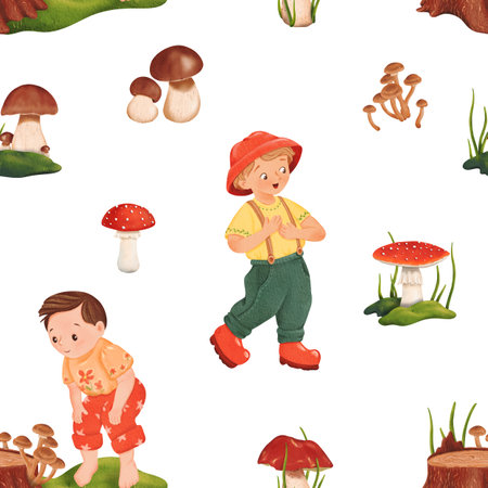 Seamless woodland pattern with little mushroom pickers. Forest glade. A dream for mushroom enthusiasts. Edible penny bun and delicious porcini. Dangerous and poisonous fly agaric. Autumnal watercolorの写真素材
