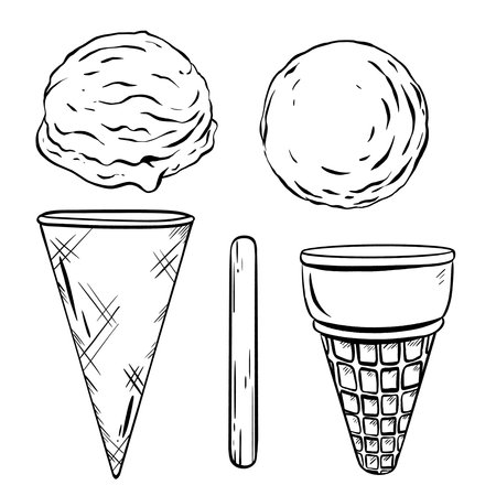 Hand-drawn vector illustration. Menu creator. Scoops of delicious ice cream, crispy cones, a wooden spoon for enjoying your treat. Customize your options. For menus and decorating shops, cafesのイラスト素材
