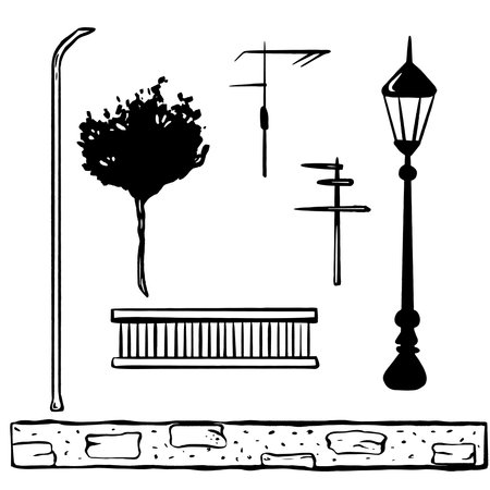 Ink hand-drawn vector. Exterior construction set. Italian street scene. Stone fence. Balcony railing, tall street lamp. Antennas. Mandarin tree contour. Long gutter. for crafting custom outdoor scenesのイラスト素材