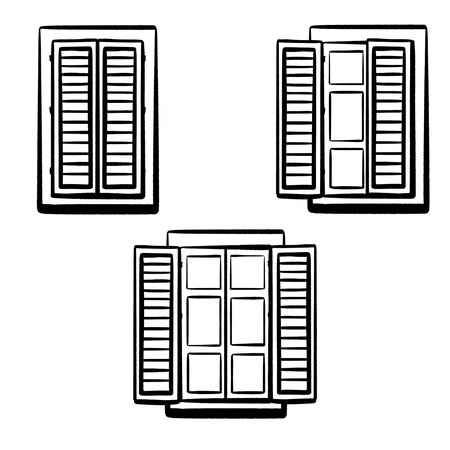 Set. Different open closed windows. Ink hand-drawn vector. Italian window with shutters. Wooden frame. Symbol of Italian homes in old town. Open window symbolizing travel, countries new opportunitiesのイラスト素材
