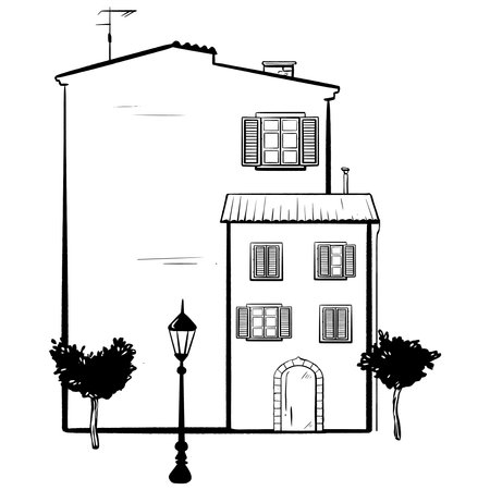 Hand-drawn ink vector. Cozy Italian house. Exterior sketch capturing a slice of the street. Building features doors shuttered windows chimneys and antennas. Trees and a lamppost line the streetのイラスト素材