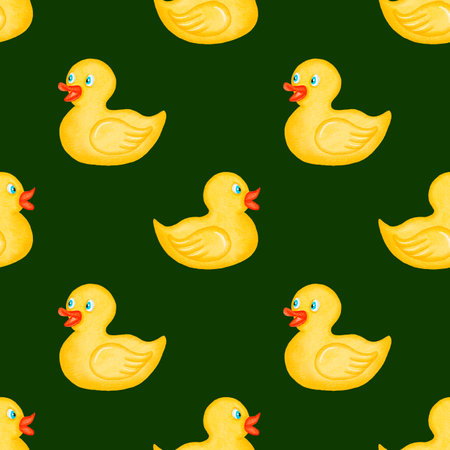 Watercolor seamless pattern. Yellow duck pattern. Toys. Bath duck background. Design for kids, children, textile, fabric, home decor. Rubber ducks for bath. Painted ornament. Dark backgroundの写真素材