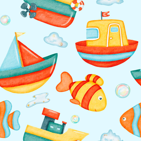 Watercolor seamless pattern. colorful fish, toy boats and colorful soap bubbles pattern. Bathroom background. Design for kids, children, textile, fabric, home decor. Painted ornament. Blue backgroundの写真素材