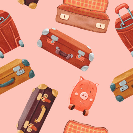 Seamless pattern of open and close Stylish brown retro suitcase, child luggage . Old vintage leather briefcase baggage. Pink background Hand drawn retro bag. Watercolor colored illustration.の写真素材